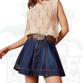 WESTFADE Mid-Rise Button Front Western Seaming A-Line Denim Mini Skirt